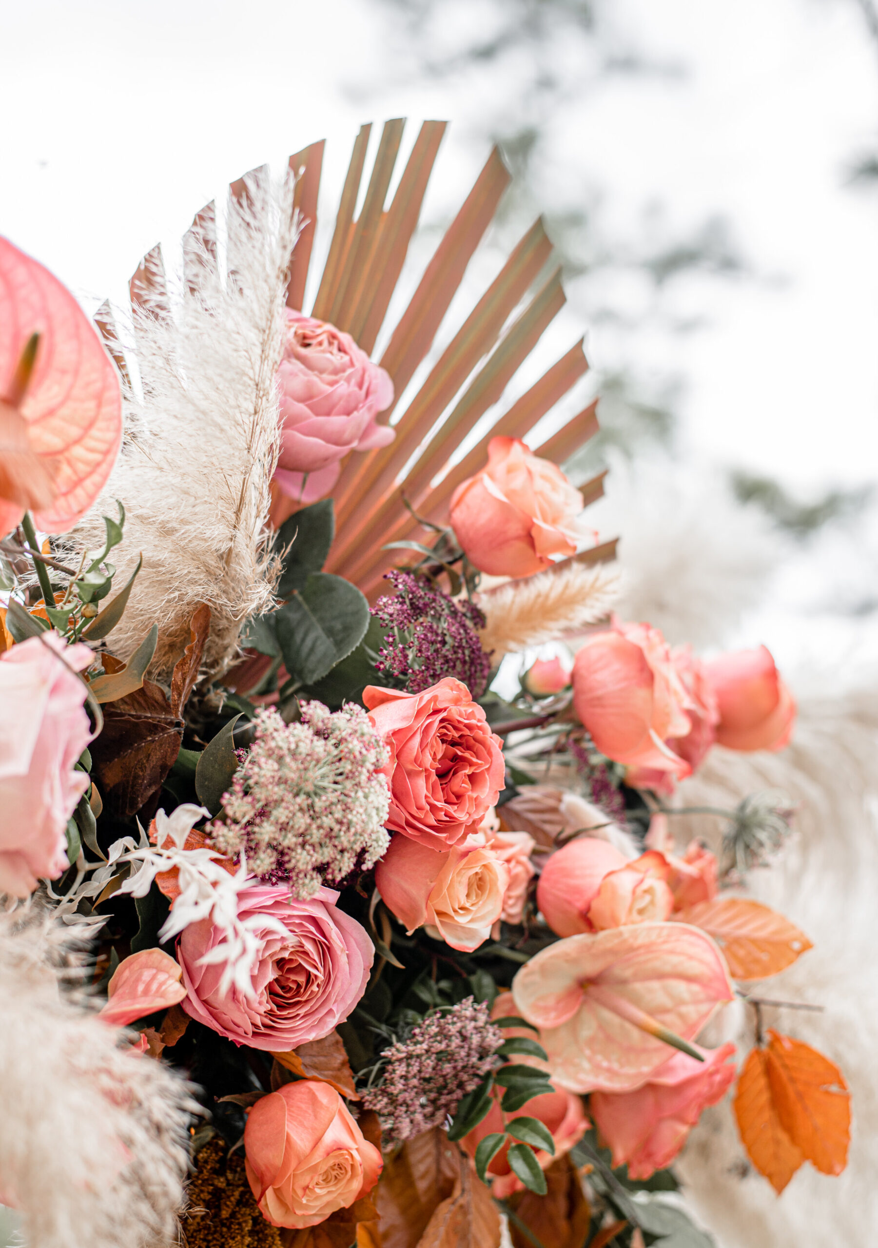 coral florals-pampas-wedding flowers